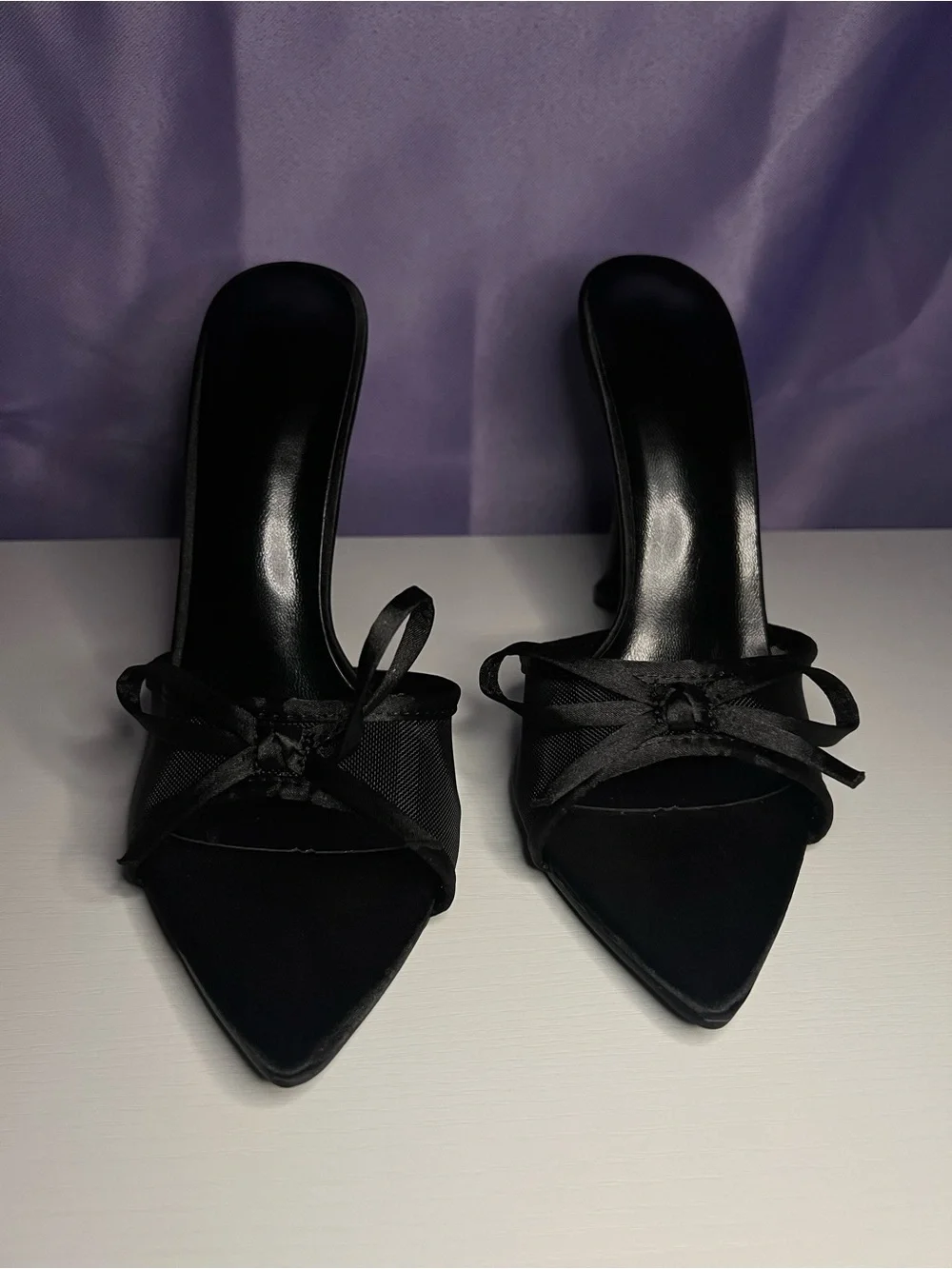 Elegant Black Pointed Toe Slide Heels with Bow Detail